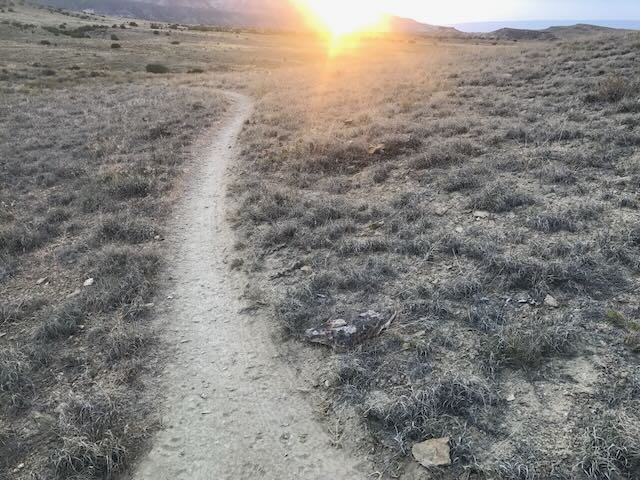 buff singletrack trail through sage flat and a setting sun